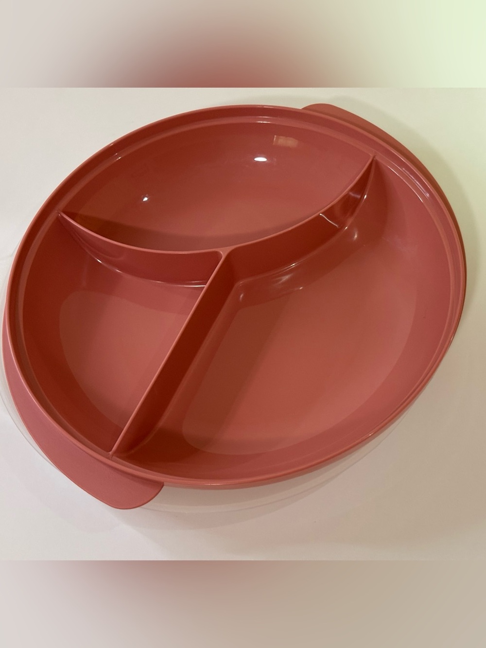 Vtg Tupperware Divided 3 SlotReheatable Plate W/White Lid suctionDusty Rose 8.5"